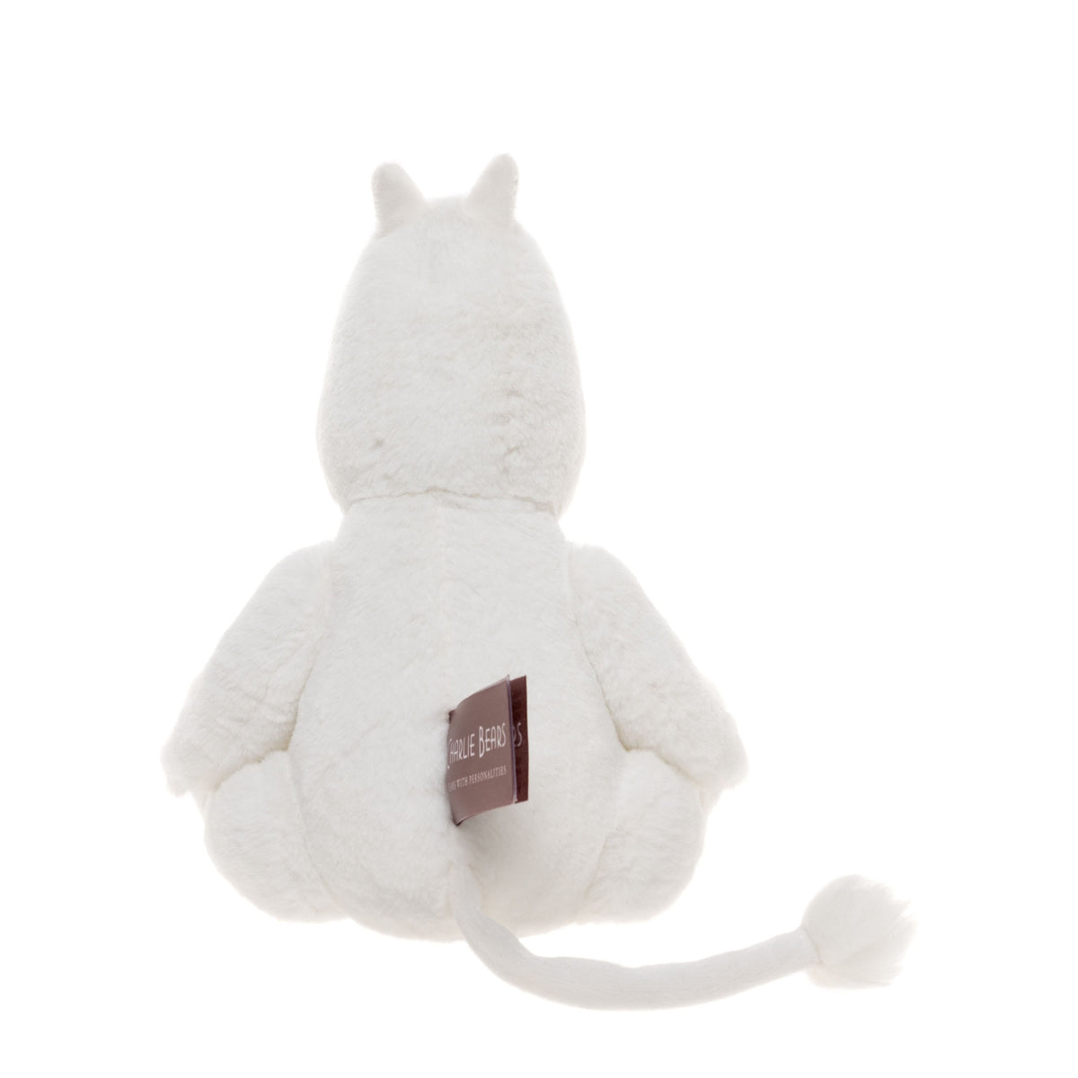 Rear view of a white plush toy with rounded body, small ears, and a long tail. A brown tag is attached, creating a cute and soft appearance.
