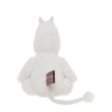 Rear view of a white plush toy with rounded body, small ears, and a long tail. A brown tag is attached, creating a cute and soft appearance.