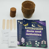 Moon Garden kit contents: fiber pots, soil discs, wooden markers, seed packets, and an activity booklet.