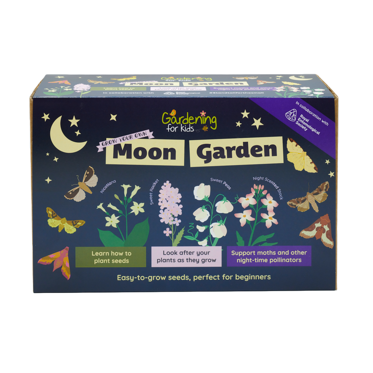 Packaging for a "Grow Your Own Moon Garden" kids' seed kit featuring night-blooming flowers and moths.