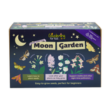 Packaging for a "Grow Your Own Moon Garden" kids' seed kit featuring night-blooming flowers and moths.