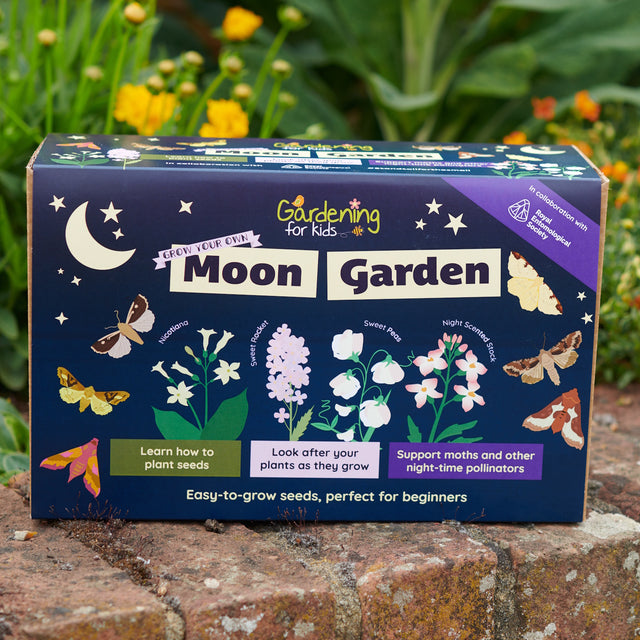 Gardening for Kids 'Moon Garden' kit box featuring colorful illustrations of moths, flowers, and stars.