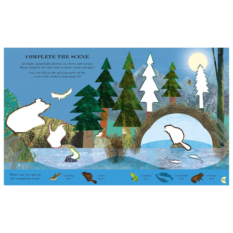 Children's activity book page with a moonlight forest scene and white silhouettes for animal and tree stickers.