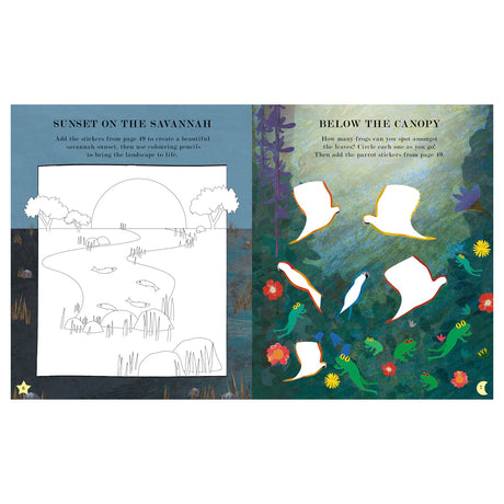 Children's activity book pages featuring a savannah sunset coloring scene and a rainforest frog search puzzle.