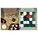 Children's activity book pages featuring a desert tunnel maze and a parrot sticker puzzle with colorful illustrations.