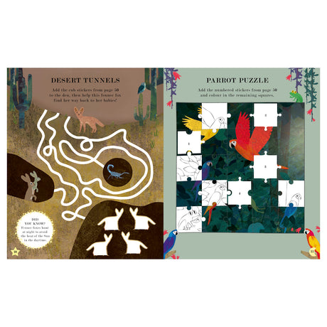 Children's activity book pages featuring a desert tunnel maze and a parrot sticker puzzle with colorful illustrations.