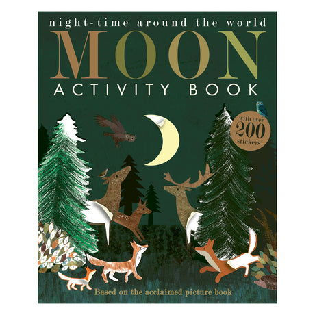 Moon Activity Book cover with woodland animals, foxes, and deer in a nighttime forest under a crescent moon.