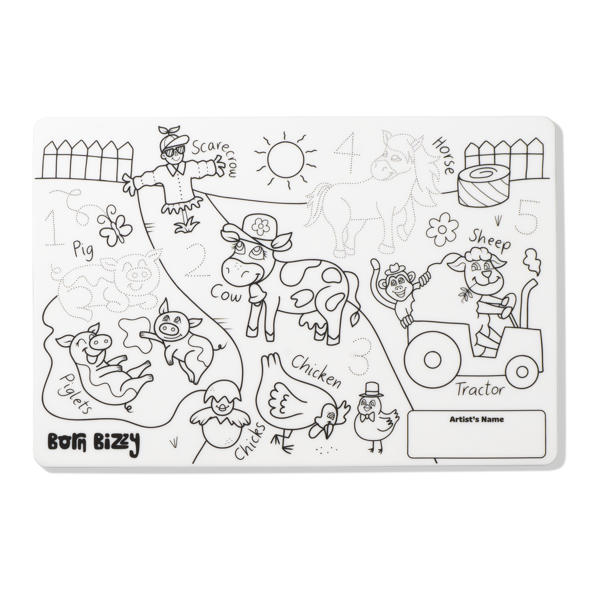 Kids' farm-themed coloring mat with animals, a tractor, numbers to trace, and a box for the artist's name.