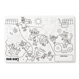 Kids' farm-themed coloring mat with animals, a tractor, numbers to trace, and a box for the artist's name.