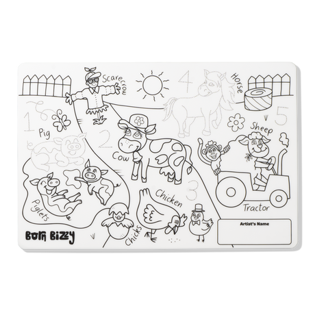 Kids' farm-themed coloring mat with animals, a tractor, numbers to trace, and a box for the artist's name.
