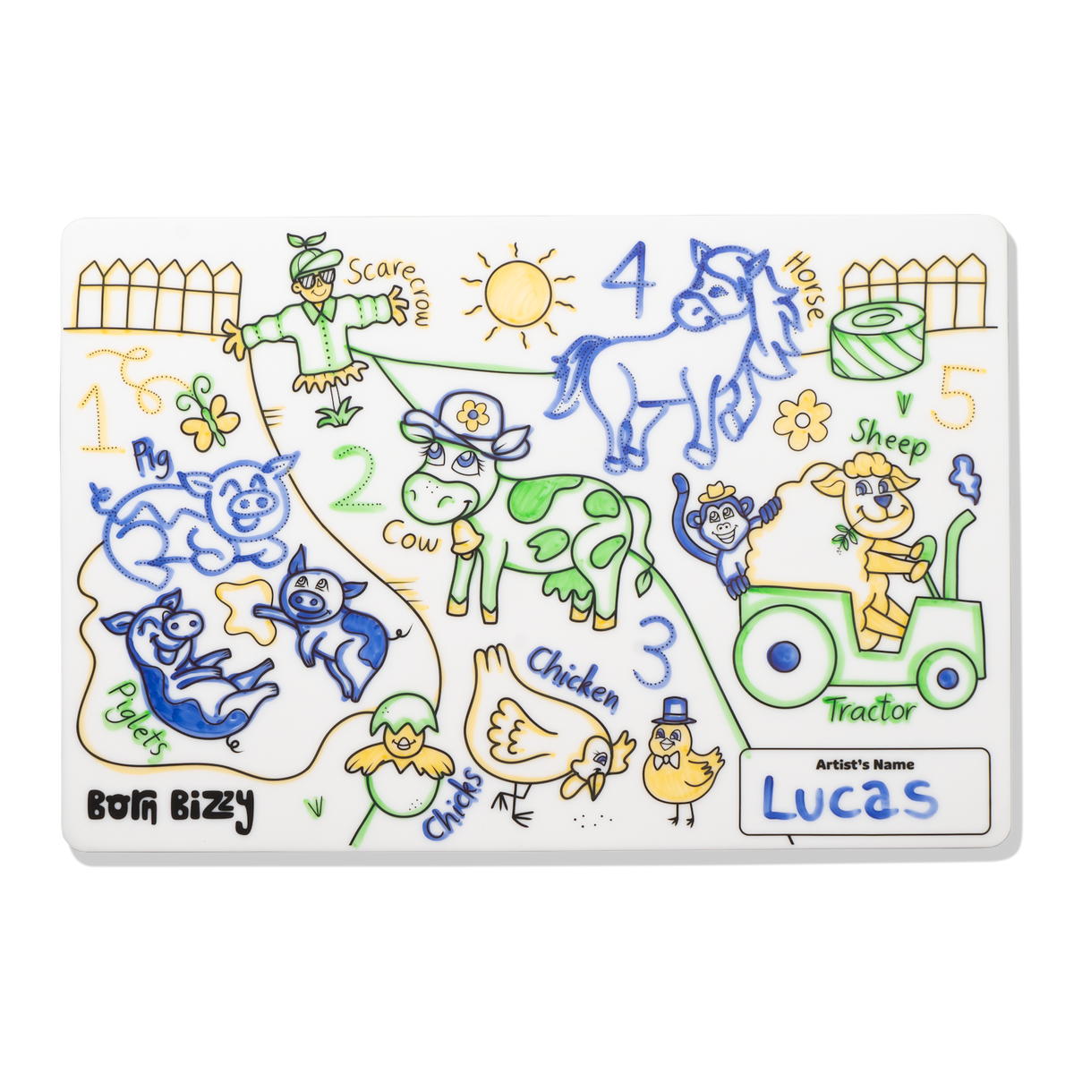 A child's colorful drawing of a farmyard with animals, numbers, and the name "Lucas" on a white mat.