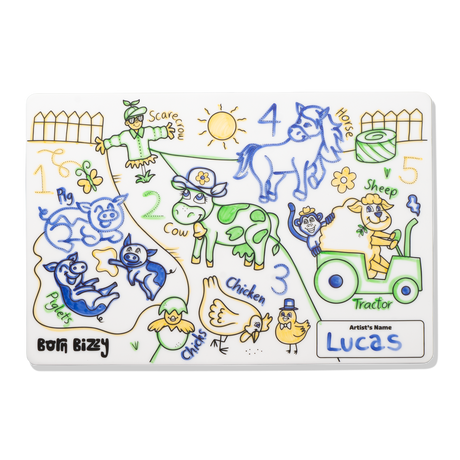 A child's colorful drawing of a farmyard with animals, numbers, and the name "Lucas" on a white mat.