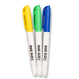 Three "Born Bizzy" marker pens with white barrels and caps in yellow, green, and blue against a white background.