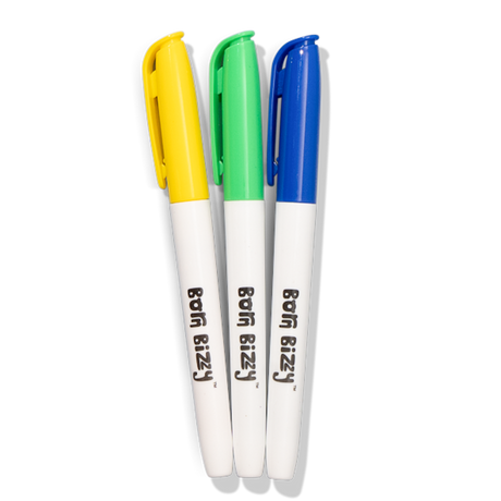 Three "Born Bizzy" marker pens with white barrels and caps in yellow, green, and blue against a white background.