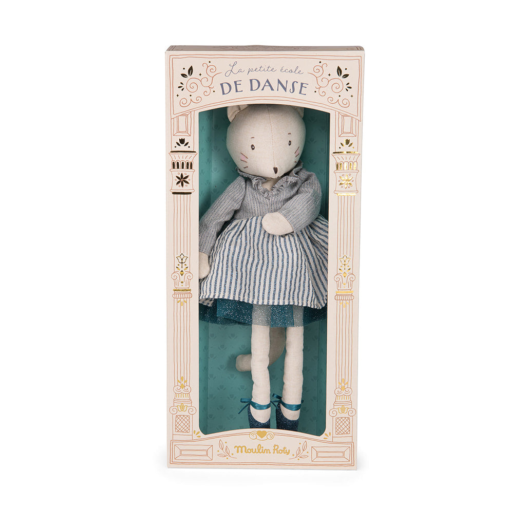 moulin roty ballerina celestine in a beautiful decorated pastel cardboard gift box with gold detail
