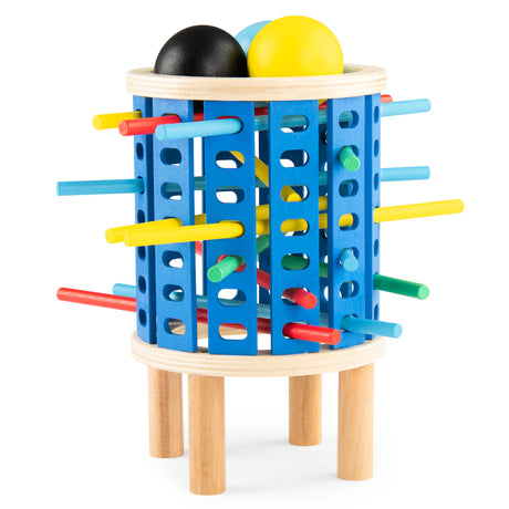 Colorful wooden kerplunk style drop game with a blue tower structure, sticks, and marbles on a white background.