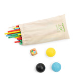 Moulin Roty Les Loufoques wooden balancing game with colorful sticks, balls, a die, and a fabric storage bag.