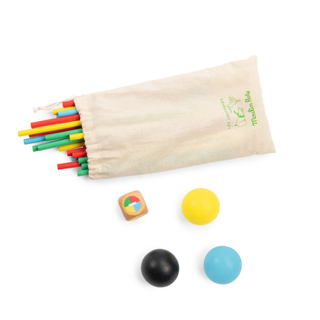 Moulin Roty Les Loufoques wooden balancing game with colorful sticks, balls, a die, and a fabric storage bag.