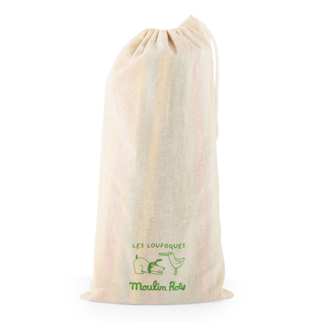 Moulin Roty Giga Bomb game fabric storage bag with drawstring and Les Loufoques logo on a white background.