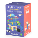 Moulin Roty Giga Bomb skill game product packaging box with colorful illustrations on a white background.