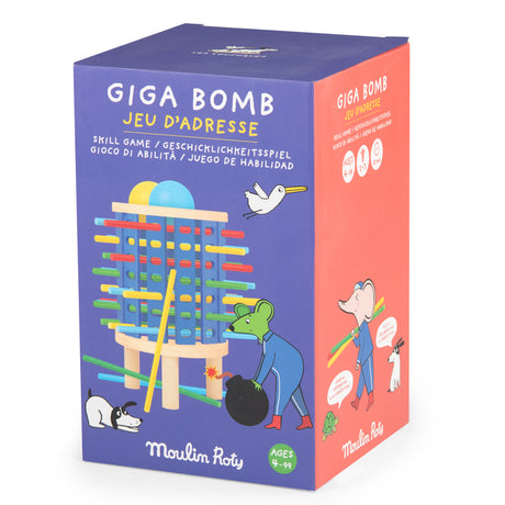 Moulin Roty Giga Bomb skill game product packaging box with colorful illustrations on a white background.
