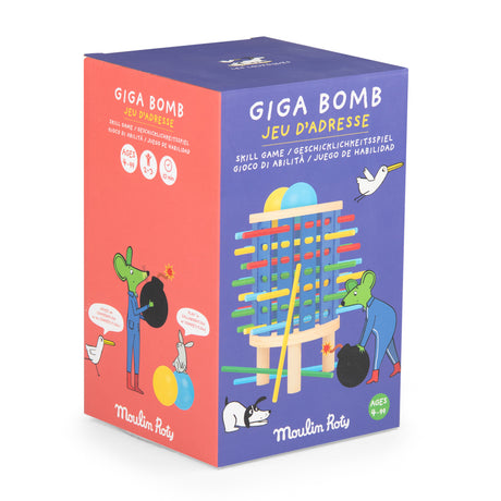 Moulin Roty Giga Bomb skill game product packaging box with mouse illustrations on a white background.