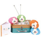 Moulin Roty L'Atelier de Couture kids knitting kit with colorful yarn balls knitting needles and teal suitcase.