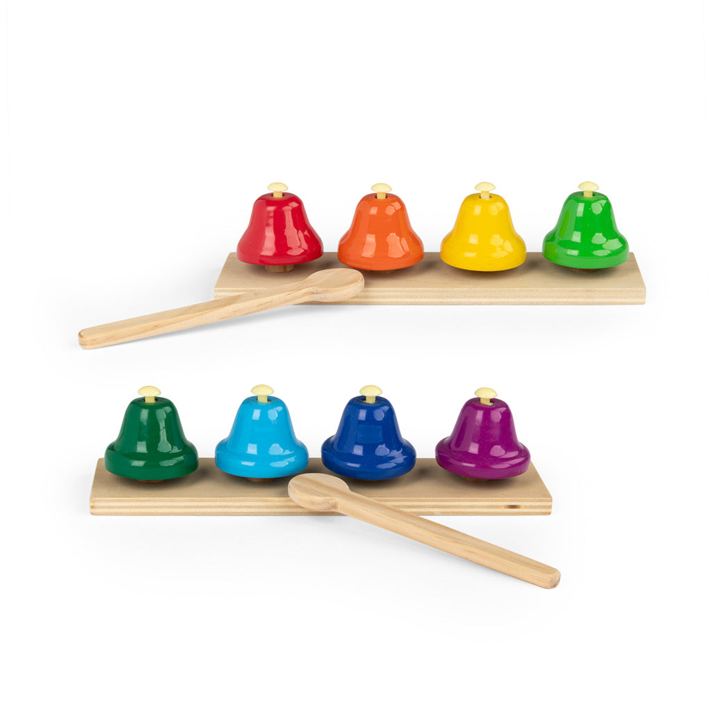 Two wooden bars, each with four multicolored bells including red, orange, yellow, green, blue, and purple, are displayed with wooden mallets. The tone is playful and musical.