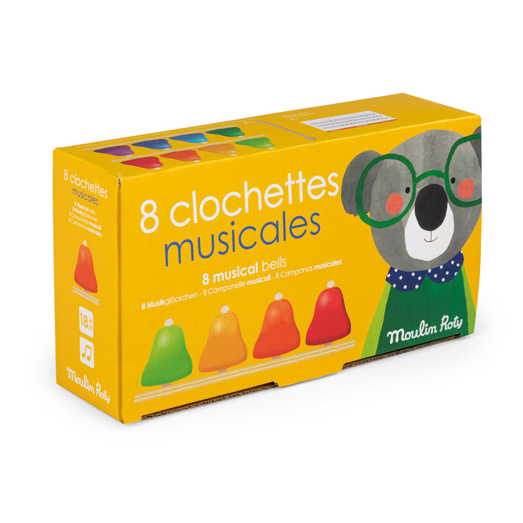 Yellow box of "8 clochettes musicales" with an illustrated bear wearing glasses. Colorful bells are shown, evoking playful, musical fun.
