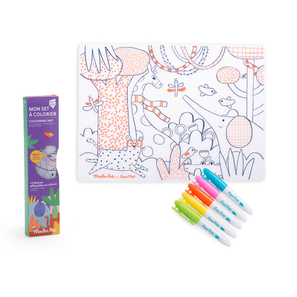 Coloring mat set with jungle-themed illustrations, featuring animals and plants in orange and navy blue. Includes five colorful markers. Playful and creative.