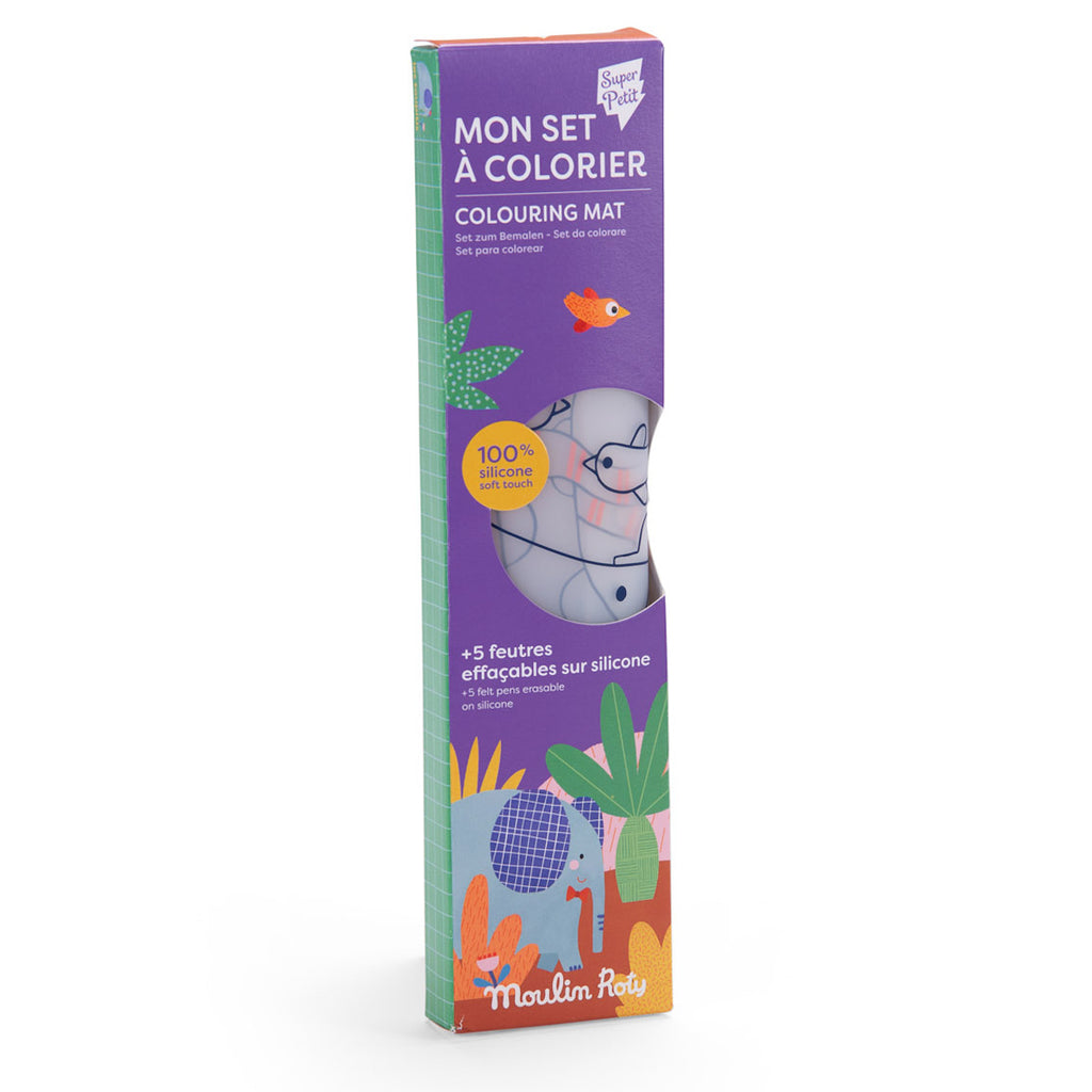 Purple packaging of a silicone colouring mat set. It features playful images of an elephant and plants. Includes five erasable pens. Bright and fun.