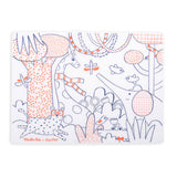 Moulin Roty silicone coloring mat with line art of a giraffe, elephant, and cheetah wearing glasses.
