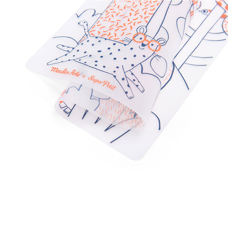 Close up of a flexible, rolled Moulin Roty x SuperPetit silicone coloring mat with animal print.