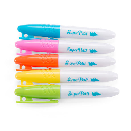 Five SuperPetit erasable felt tip pens in blue, pink, orange, yellow, and green arranged horizontally.