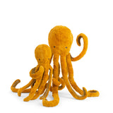Two plush ochre octopus toys from Moulin Roty's Tout Autour du Monde collection, featuring soft fur and curly tentacles.