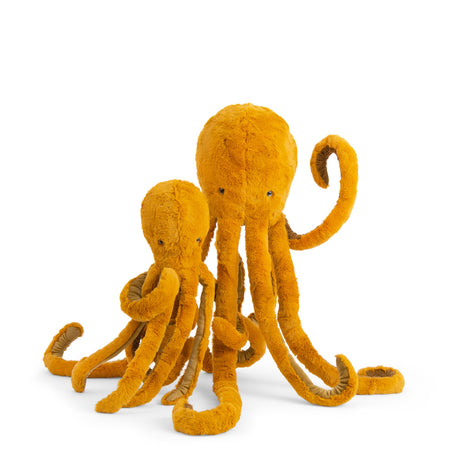 Two plush ochre octopus toys from Moulin Roty's Tout Autour du Monde collection, featuring soft fur and curly tentacles.