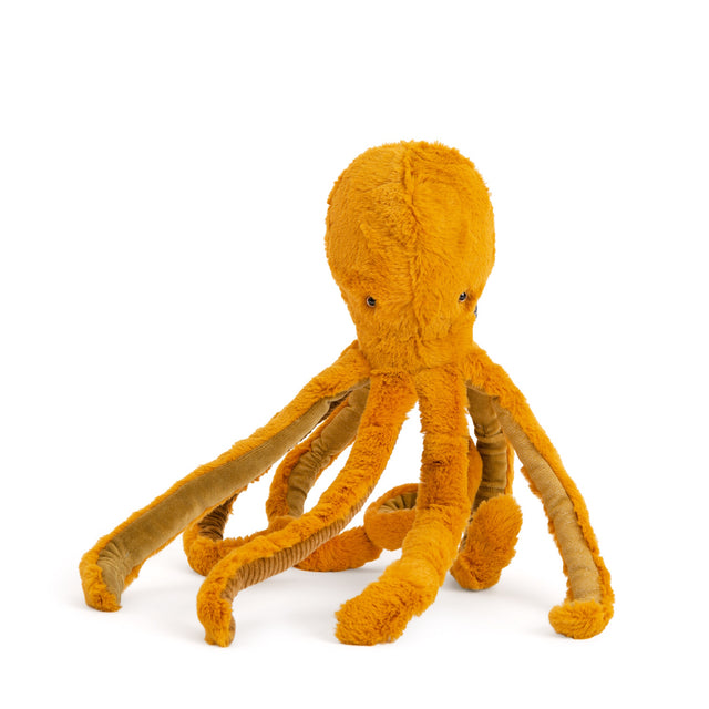 Plush orange octopus toy from Moulin Roty Tout Autour du Monde collection with soft textured fur and long tentacles.