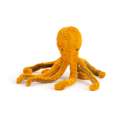 A plush mustard-yellow octopus stuffed animal toy with ribbed tentacles on a white background.