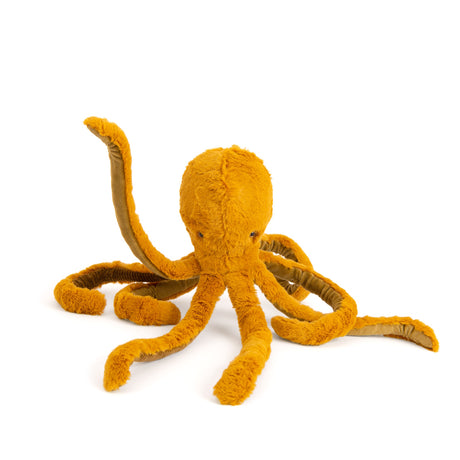 Moulin Roty ochre octopus plush toy from Tout Autour du Monde collection with soft textured tentacles on white background.