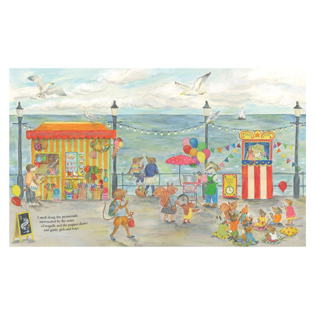 Woodland animals enjoy a seaside boardwalk with colorful shops, candy floss, and a puppet show.