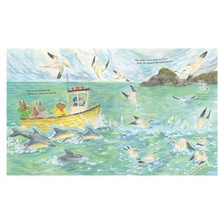 Children's book spread of animals on a yellow boat surrounded by leaping dolphins and diving seabirds.