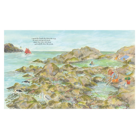 Children's illustration of a mouse exploring rocky tide pools by the ocean while a sailboat glides past.