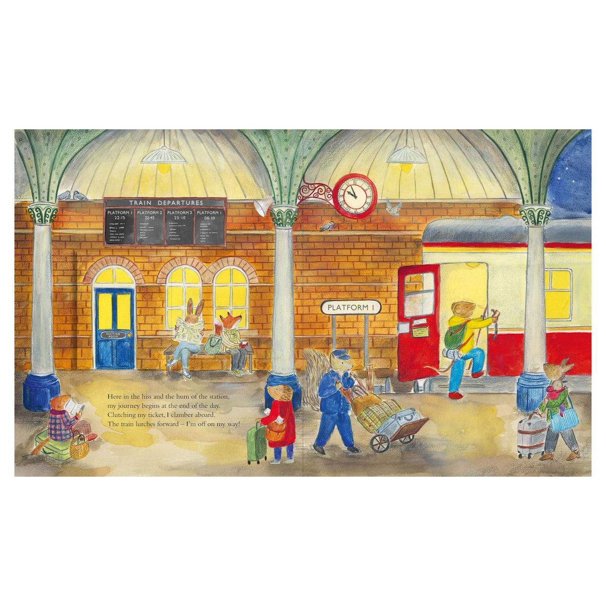Illustrated children's book page showing a train station platform with animal passengers boarding a train.