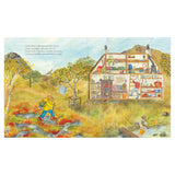 Illustrated book page showing a mouse hiking and a cutaway cottage interior with characters inside.