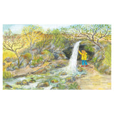 Illustrated children's book page showing a mouse exploring along a river and touching a waterfall.