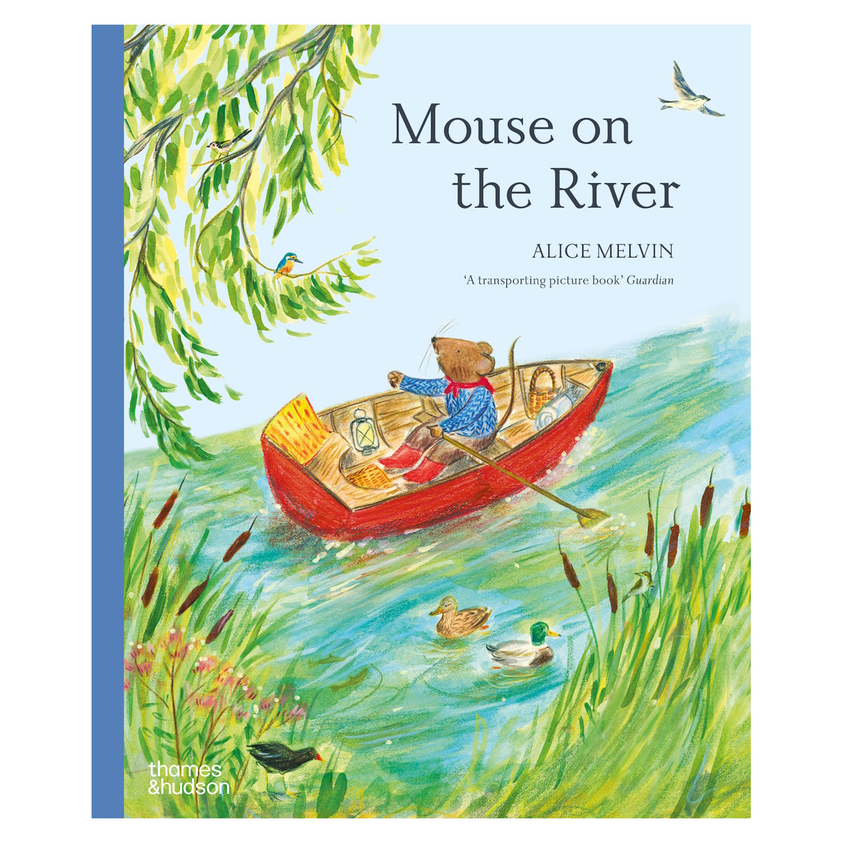 "Mouse on the River" children's book cover by Alice Melvin, featuring a mouse in a rowboat with animals.