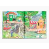 Whimsical illustration from "Mouse on the River" showing animals at a Town Lock with a boat, cafe, and swans on the water.