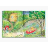 Illustration of a mouse in a red boat rowing down a river past a treehouse from Mouse on the River children's book.