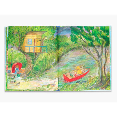 Illustration of a mouse in a red boat rowing down a river past a treehouse from Mouse on the River children's book.