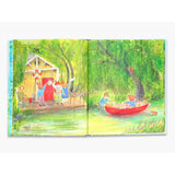 Children's book illustration of a mouse in a red boat waving to animal friends by a yellow riverside cottage.